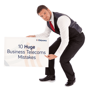 Man Holding 10 Huge Business Telcoms Mistakes whiteboard