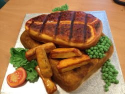 steak and chips birthday cake in the office