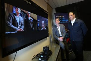 Nick Lowther of Proactis with Mike Odysseas (right) of Odyssey Systems using video conferencing. Picture: Richard Doughty